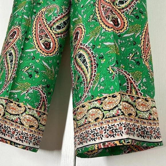 Zara High Waisted Wide Leg Bohemian Paisley Print Pants Green Multicolor Size L - Picture 6 of 13